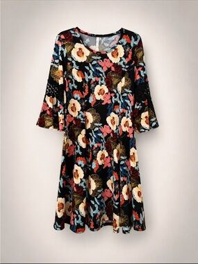 JM Collection Black Floral A-Line Dress with Bell Sleeves. NEW